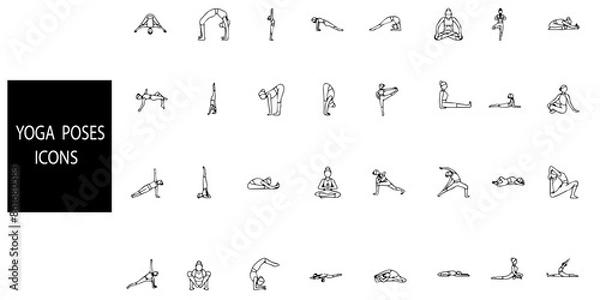 Obraz Set of 32 outline Yoga icons.Yoga line icons set.Vector illustration.