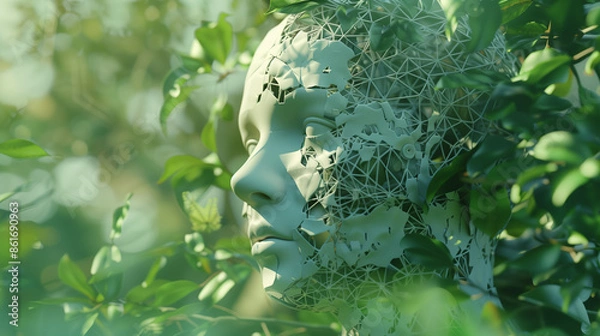 Obraz Futuristic robotic components merge with vibrant natural elements in a digital art piece exploring the fusion of technology and nature.