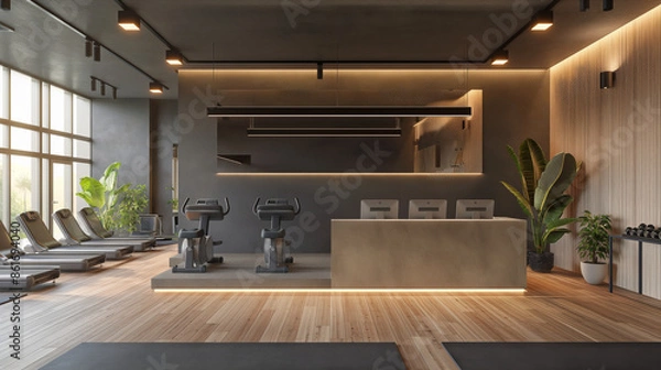 Obraz A gym's reception area with friendly staff, gym, welcome, hd, inviting with copy space