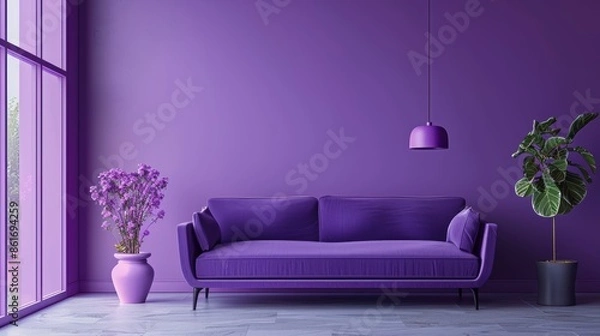 Fototapeta A contemporary living room featuring a sophisticated violet color palette, with minimalist furniture and clean lines that create a sleek and modern look. The image offers plenty of copy space for