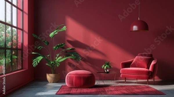 Fototapeta A chic living room decorated in stylish maroon tones, with minimalist furnishings and a clean, uncluttered layout. The image offers plenty of copy space for adding text or graphics.