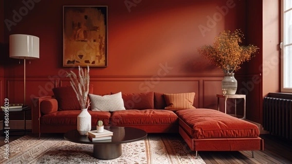 Fototapeta A cozy living room decorated in warm maroon hues, with minimalist furniture and decor creating a comfortable and inviting atmosphere. The image offers plenty of copy space for adding text or graphics.