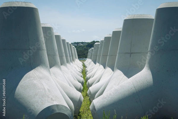 Obraz 海岸線に並ぶ波消しブロック、テトラポッド。