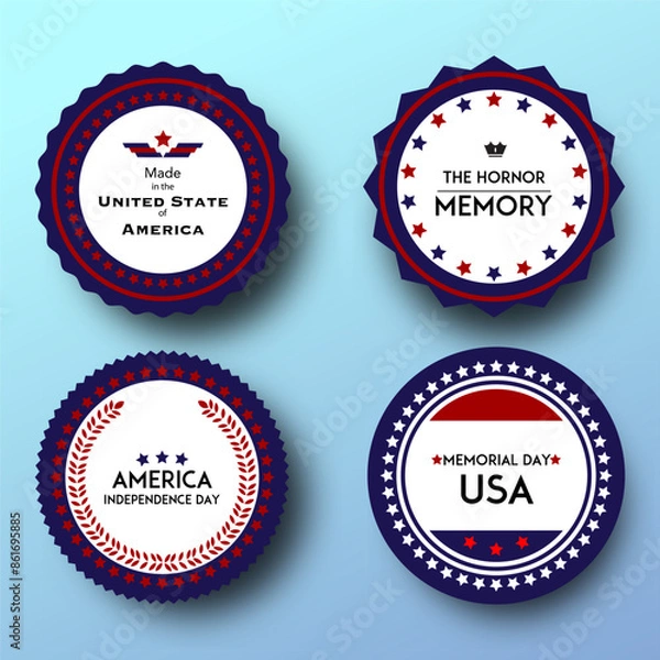 Fototapeta Set of realistic shield badges celebration for the America Independence Memorial Day design template.