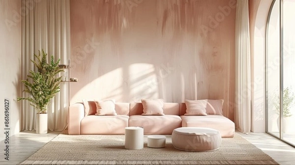 Fototapeta A serene living room in shades of pink, designed in a minimalist style with clean, modern furniture and plenty of copy space for customization.