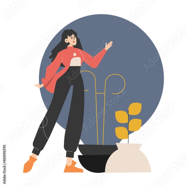 Obraz A woman stands beside potted plants and a lightbulb, symbolizing growth and creativity, highlighting the concept of generating new ideas and innovative thinking. Vector illustration.