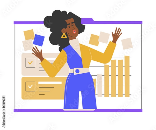 Obraz A businesswoman in an office setting engages in a brainstorming session. She stands in front of a flipchart filled with sticky notes and charts, actively discussing and presenting her creative ideas.