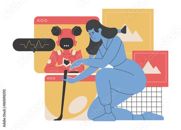 Obraz A woman is engaged in a creative process with an AI assistant. The AI, depicted on a screen, interacts with her as she works on a project involving images and design elements. Vector illustration.