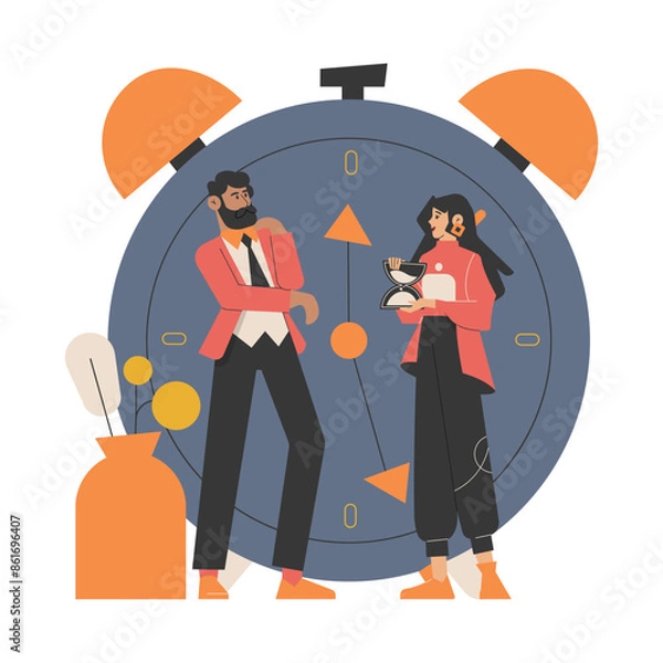 Obraz A man and a woman stand near a large alarm clock. The man is thoughtful, while the woman holds an hourglass, symbolizing time management and productivity. Vector illustration.