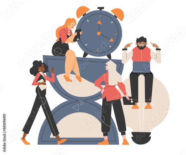 Obraz A diverse team of professionals collaborates around large clock and hourglass icons, emphasizing time management and productivity. Elements like a lightbulb, tablet, and notebook symbolize creativity