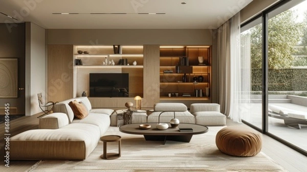 Fototapeta A modern living room with a subtle tan color scheme, designed in a minimalist style with clean lines and uncluttered space. The image offers plenty of space for customization.