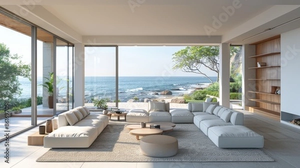 Fototapeta A serene coastal living room with minimalist furnishings and decor, creating a peaceful retreat by the sea. The image provides ample copy space for adding text or graphics.