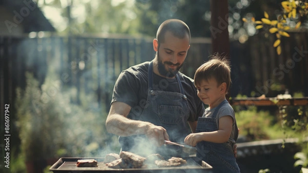 Obraz An arrangement of a father and child grilling together in the backyard, showcasing a fun and bonding activity, grilling together, hd, with copy space, inscription Father's Day