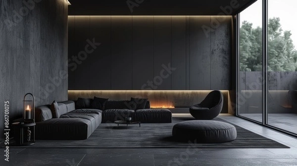 Fototapeta An elegant black living room, with minimalist furnishings and a monochromatic color scheme, creating a sleek and sophisticated ambiance.