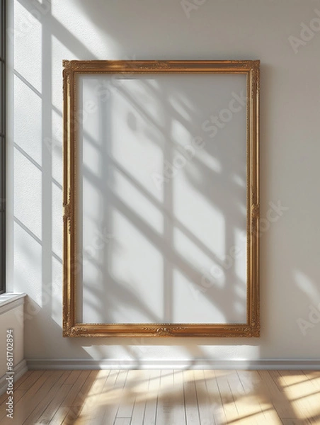 Fototapeta Gold frame mockup | detailed ornate design | placed on white wall | natural light casting shadows | wooden floor | minimalist, bright room | elegant, sophisticated setting | artistic ambiance
