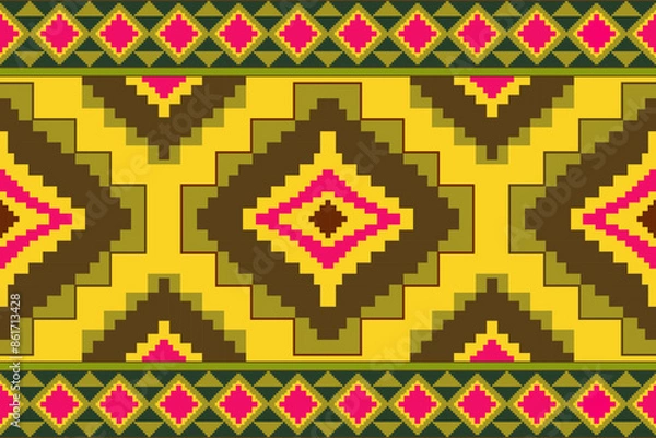 Fototapeta Geometric shapes and pixel design vector seamless pattern.