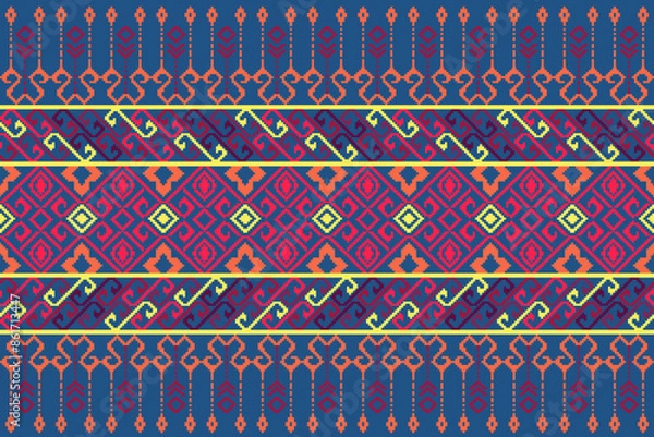 Fototapeta Geometric shapes and pixel design vector seamless pattern.