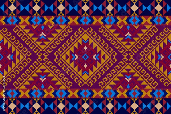 Fototapeta Geometric shapes and pixel design vector seamless pattern.