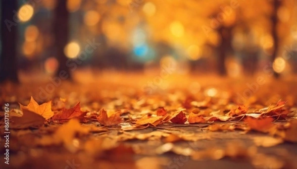 Fototapeta Bokeh autumn leaves. Fall blurred background orange color. Fall nature. Blurred bokeh background. Autumn defocused nature. Blur backdrop of autumn leaves. Unfocused colorful season. Bokeh lights