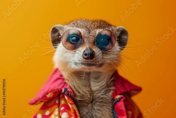 Fototapeta Image of stylish Mongoose in trendy sunglasses and outfit looking at camera against two colored background, Copyspace