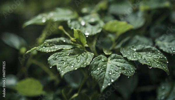 Fototapeta Close-up view of leaves on a plant growing upwards with dew detail