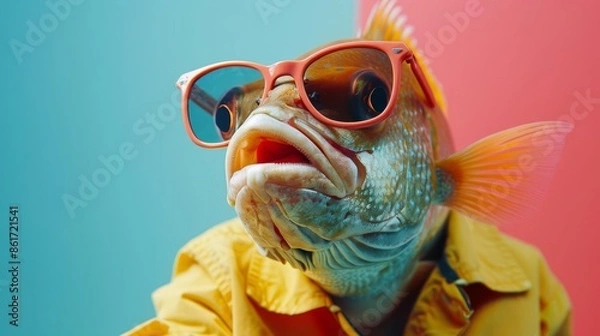 Fototapeta Image of stylish Piranha in trendy sunglasses and outfit looking at camera against two colored background, Copyspace