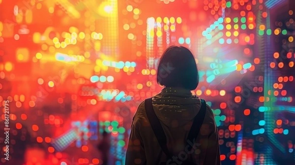 Fototapeta Immersive Technology Engrossed Individual Watching Vibrant Digital Display at Event with Dynamic Graphics Futuristic Innovation and Excitement