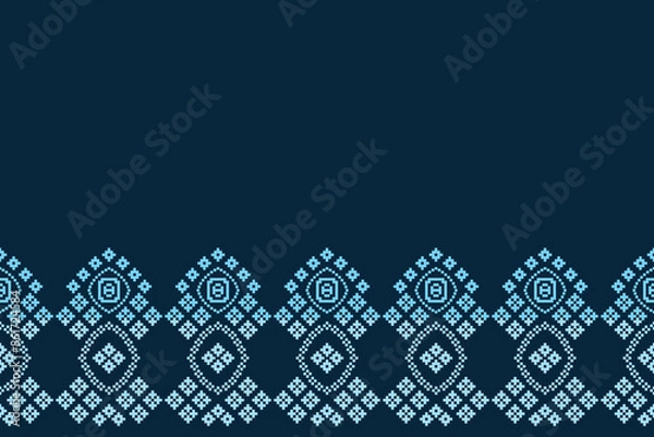 Fototapeta Traditional black ethnic motifs ikat geometric fabric pattern cross stitch.Ikat embroidery Ethnic oriental Pixel blue background.Abstract,vector,illustration. Texture,decoration,wallpaper.