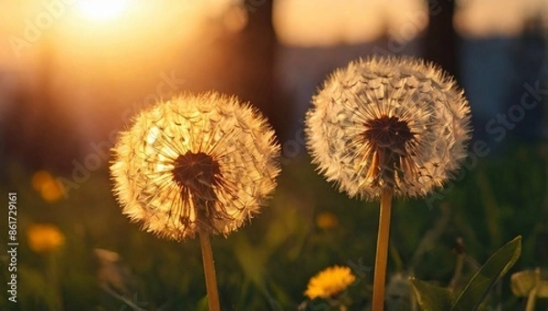 Fototapeta Dandelion against the backdrop of the setting sun. Lightness concept.