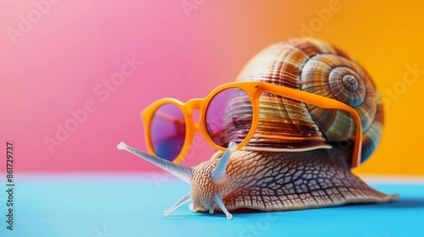 Fototapeta Image of stylish Snail in trendy sunglasses and outfit looking at camera against two colored background, Copyspace