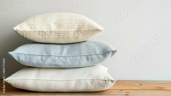 Fototapeta Stack of fluffy pillows in cotton and linen pillow cases on wood table white wall background. Scandinavian style. Banner with copy space