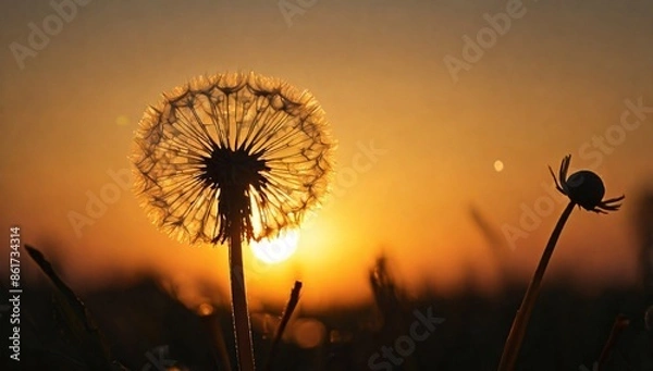 Fototapeta Silhouette of dandelion against the backdrop of the setting sun. Macro photography with text Goodbye Summer.