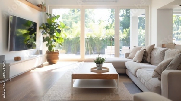 Fototapeta A living room with a white couch, a coffee table, and a potted plant. The room is bright and inviting, with a large window letting in plenty of natural light