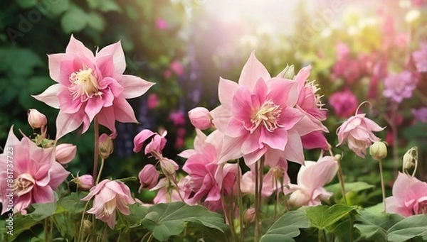 Fototapeta A background with pink aquilegia flowers in a garden and the text "Goodbye, Summer!". 