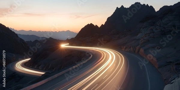 Fototapeta Vehicles with lights circling mountain road near ravines at dusk. Concept Automotive Photography, Mountainous Scenery, Twilight Captures, Dramatic Lighting, Dusk Exploration