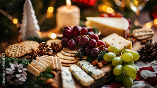 Fototapeta a festive holiday cheese board, featuring a variety of cheeses, grapes, nuts, and crackers