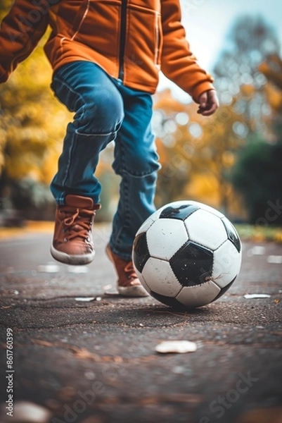 Fototapeta A close-up shot of a boy playing with soccer ball alone