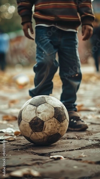 Fototapeta A close-up shot of a boy playing with soccer ball alone