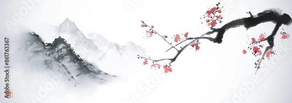 Fototapeta Ink painting of cherry blossom branch and misty mountains. Traditional oriental ink painting sumi-e, u-sin, go-hua. Hieroglyph - clarity.