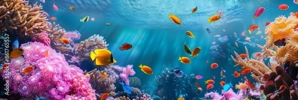 Obraz A captivating image of colorful tropical fish swimming gracefully amidst vibrant coral reefs in a saltwater aquarium