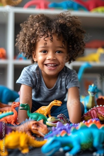 Fototapeta A young child with a bright smile plays with a diverse collection of colorful dinosaur toys in a welllit playroom