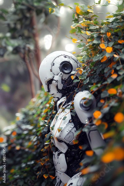 Fototapeta A humanoid robot with a sleek, white design stands amidst lush greenery and vibrant orange flowers, blending technology with nature in a serene setting.