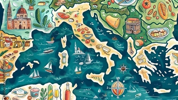 Fototapeta The image shows a colorful map of the Mediterranean Sea, with illustrations of various landmarks, food, and cultural icons from the countries that border the sea.