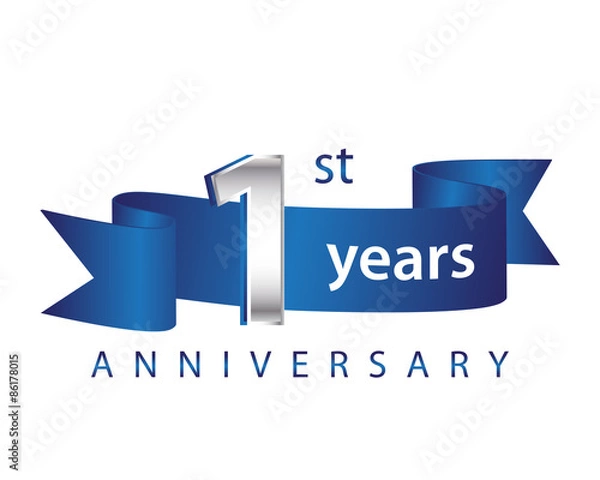 Fototapeta 1 Years Anniversary Logo Blue Ribbon