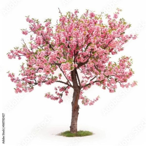 Obraz A peach tree with soft, pink blossoms and fuzzy fruit isolated on a white background
