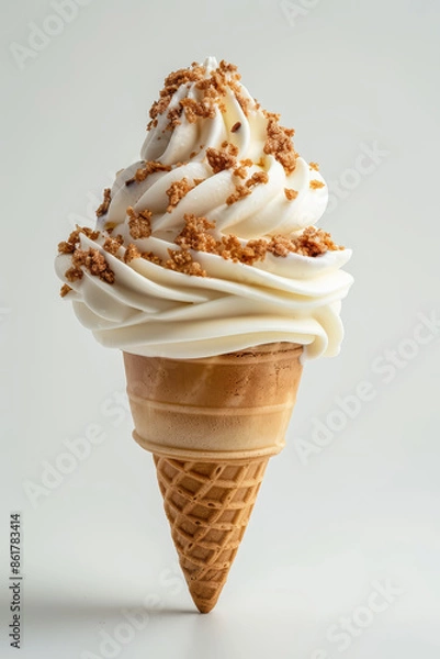Fototapeta vanilla soft serve ice cream in cone with cookies crumb topping