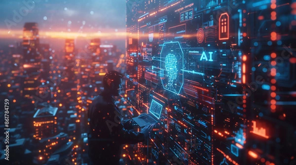 Fototapeta Cyber security system, biometric identification, data protection technology concept. Man using mobile phone with face scanning to access personal data and digital banking via mobile app 