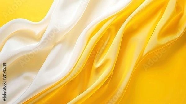 Fototapeta Luxurious white and yellow silk fabric background, elegant, smooth and flowing textile design element