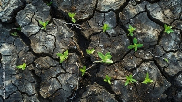 Fototapeta Seedlings Sprouting from Cracked Dry Soil, Symbol of Climate Resilience and Recovery, Generated AI
