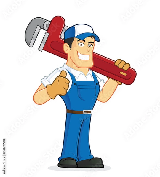 Fototapeta Plumber holding a huge pipe wrench